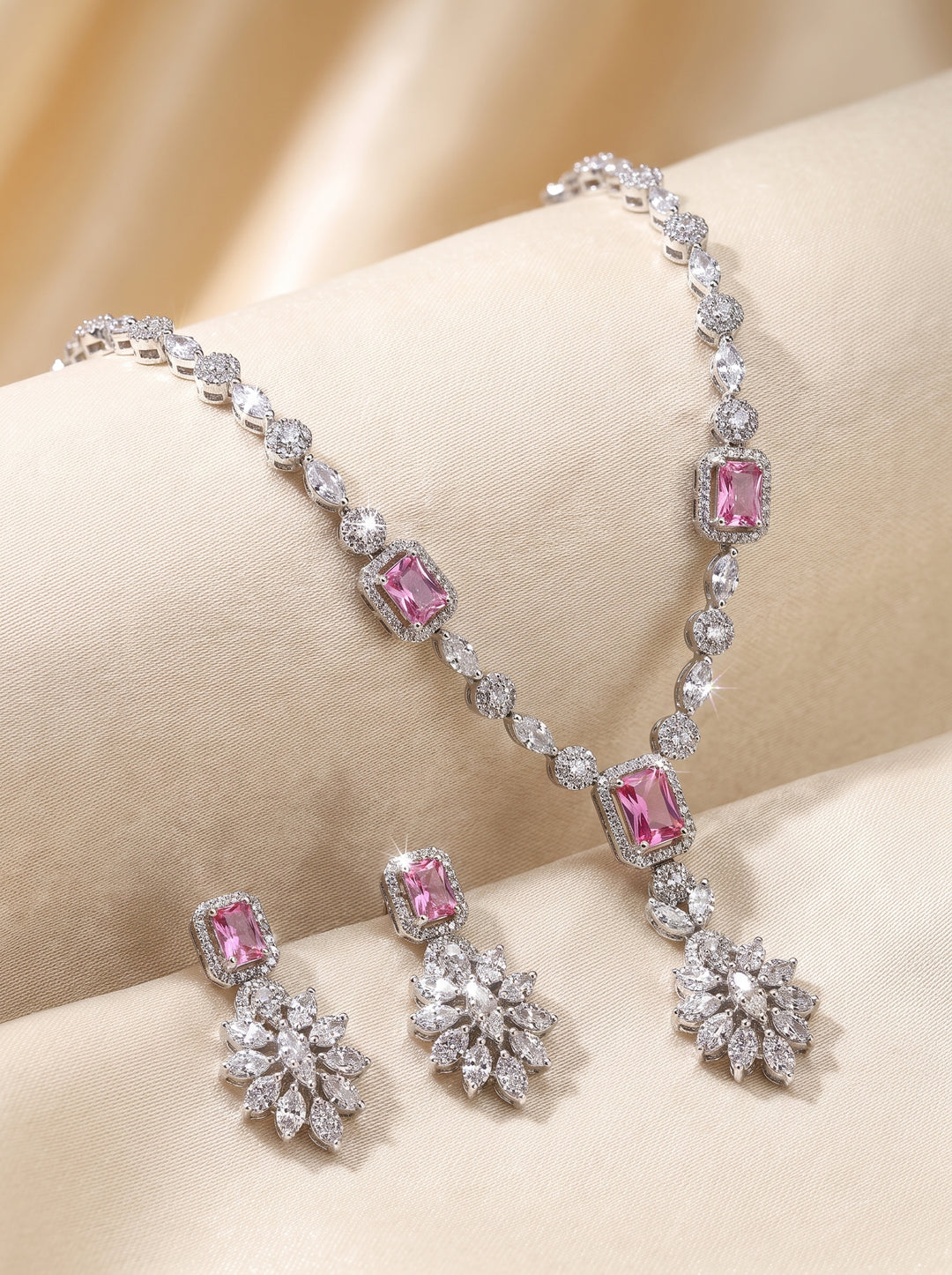 Blush pink silver necklace set