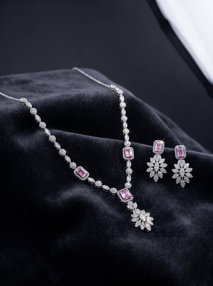 Blush pink silver necklace set