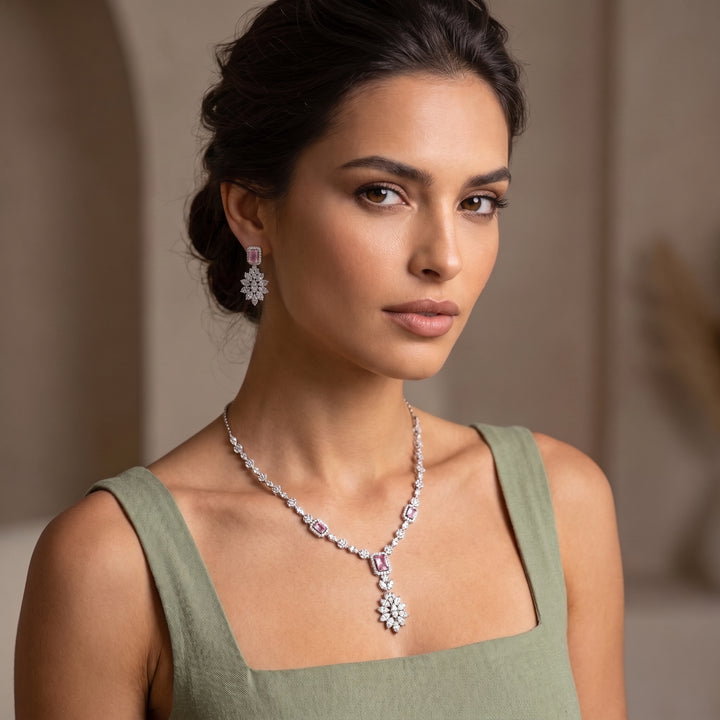 Blush pink silver necklace set