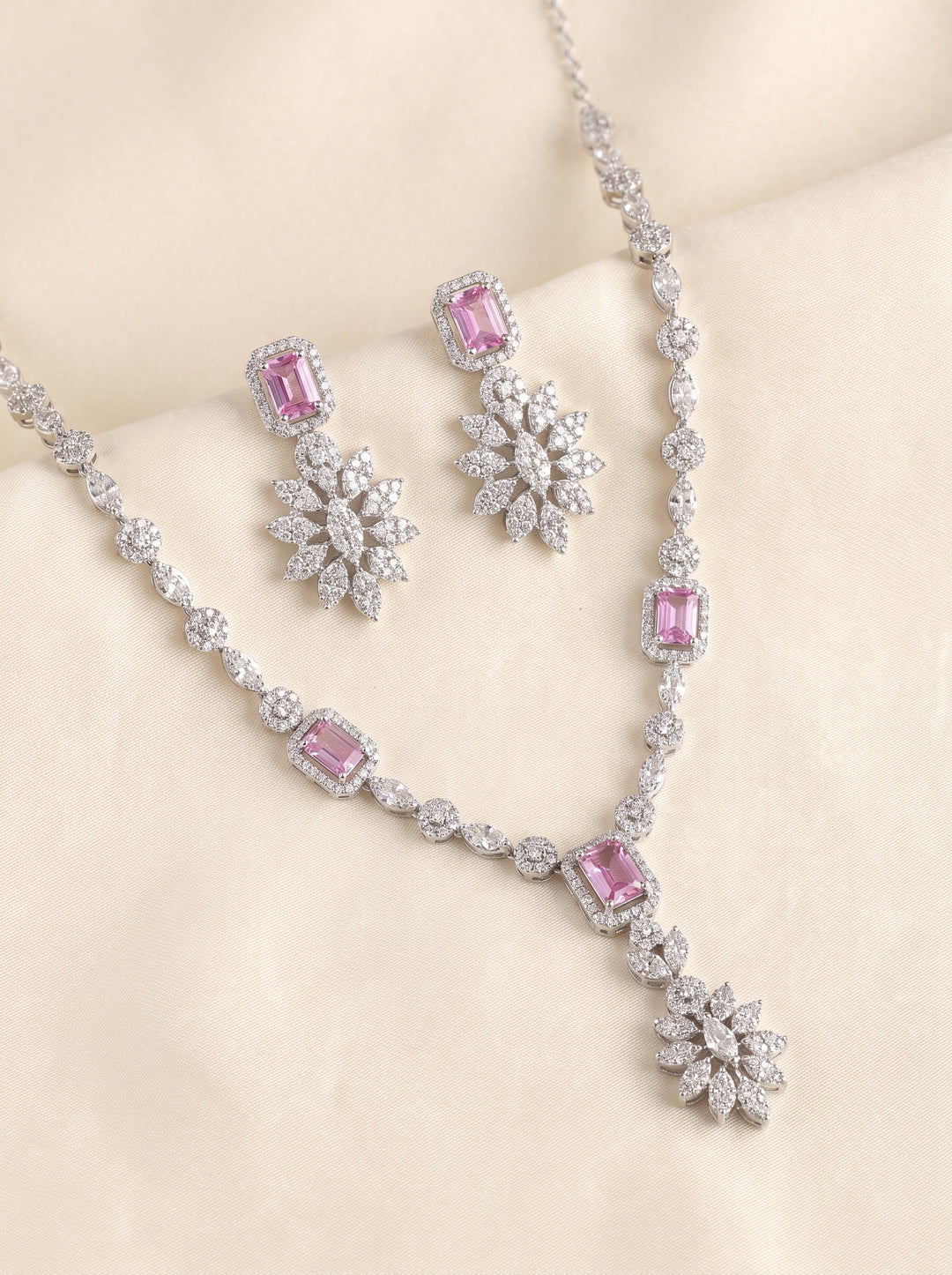 Blush pink silver necklace set