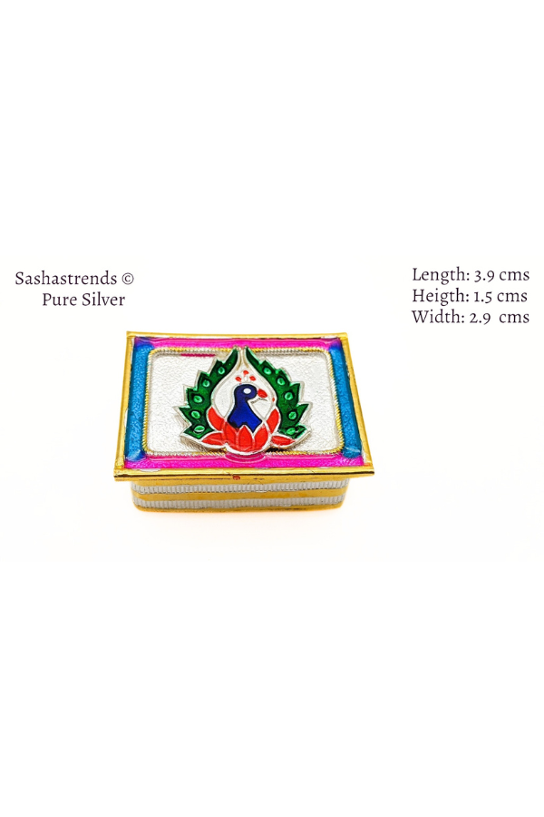 Rectangle peacock enamel kumkum box with 2 partition- pure silver gift items- pooja items for home,return gift for navarathri, &housewarming