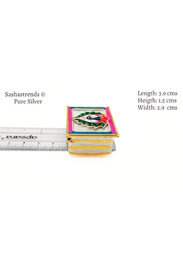 Rectangle peacock enamel kumkum box with 2 partition- pure silver gift items- pooja items for home,return gift for navarathri, &housewarming