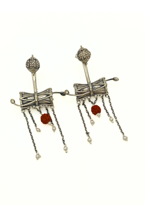 Shiva Damaroo and Rudraksha earring - 925 silver oxidized