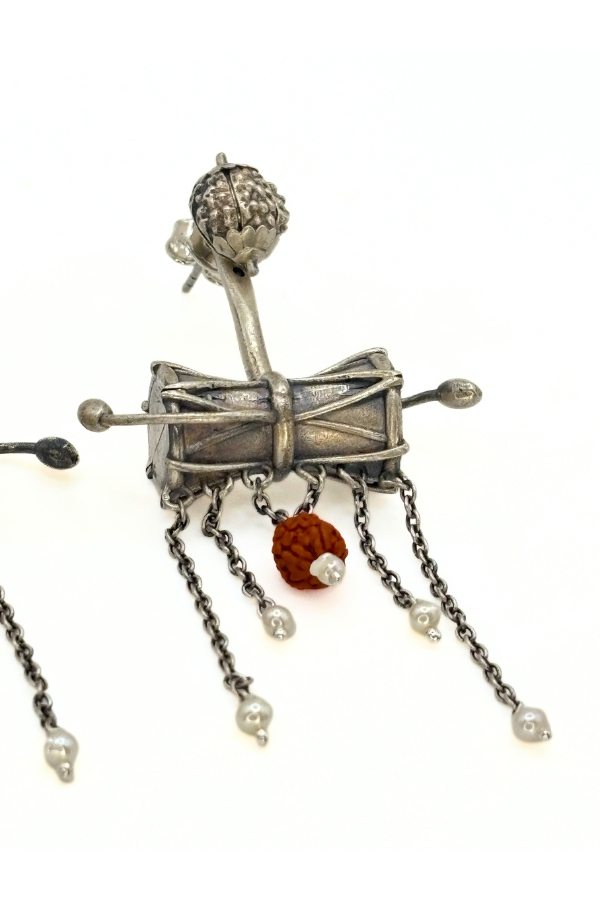 Shiva Damaroo and Rudraksha earring - 925 silver oxidized