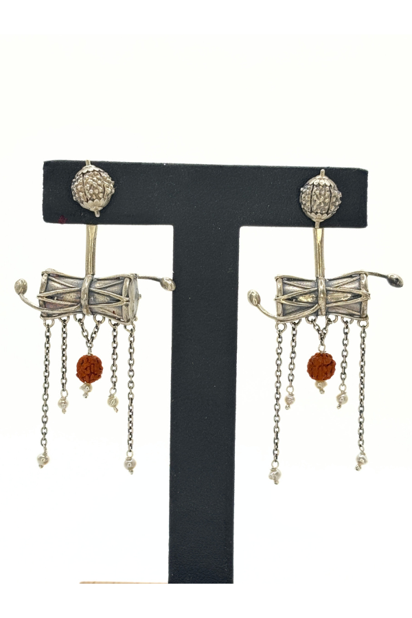 Shiva Damaroo and Rudraksha earring - 925 silver oxidized