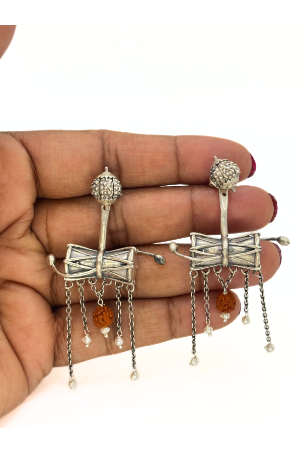Shiva Damaroo and Rudraksha earring - 925 silver oxidized