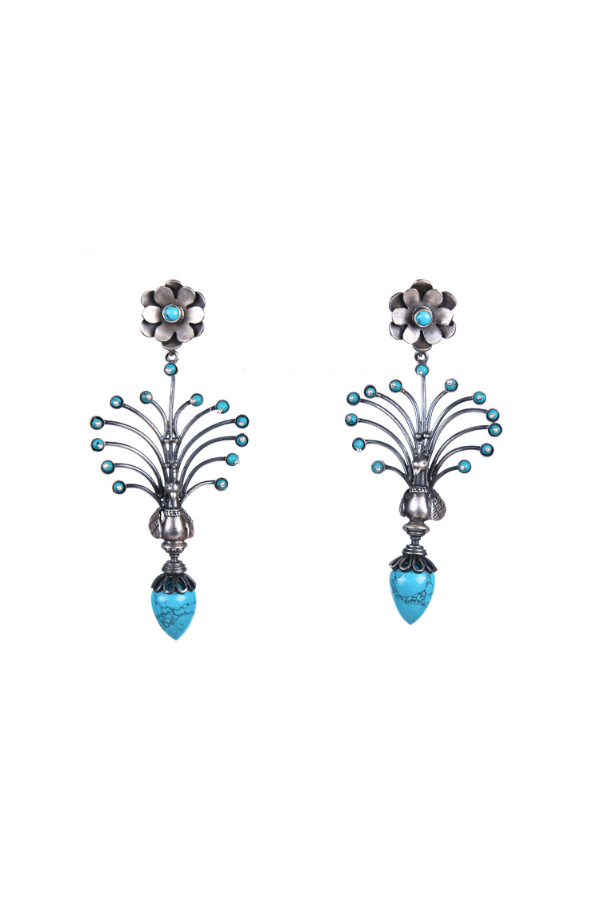 Pair of decorative earrings with floral designs and blue accents