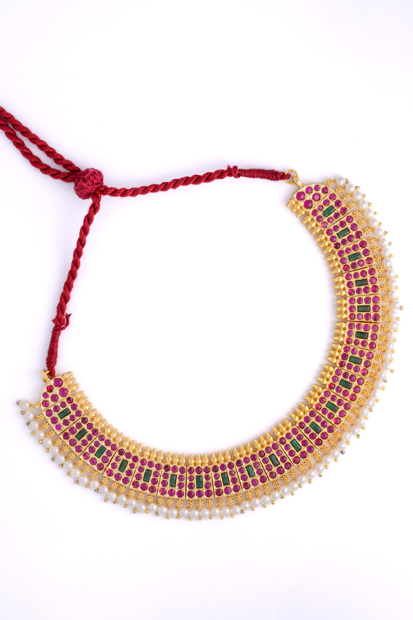 925 Silver Bharatanatyam Short Necklace with Pearl Drops (24ct Gold polish) - Temple festivals and traditional occasions