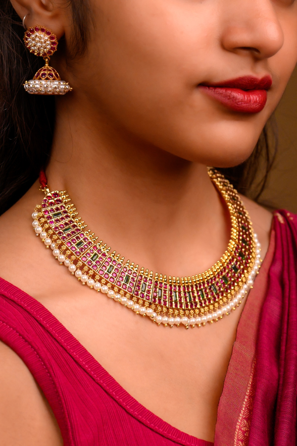 925 Silver Bharatanatyam Short Necklace with Pearl Drops (24ct Gold polish) - Temple festivals and traditional occasions