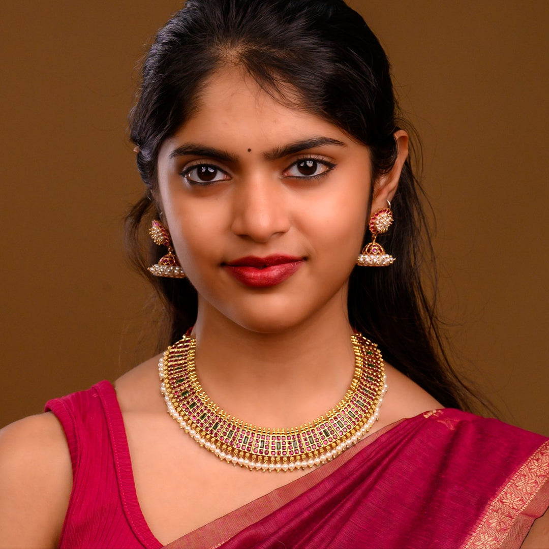 925 Silver Bharatanatyam Short Necklace with Pearl Drops (24ct Gold polish) - Temple festivals and traditional occasions