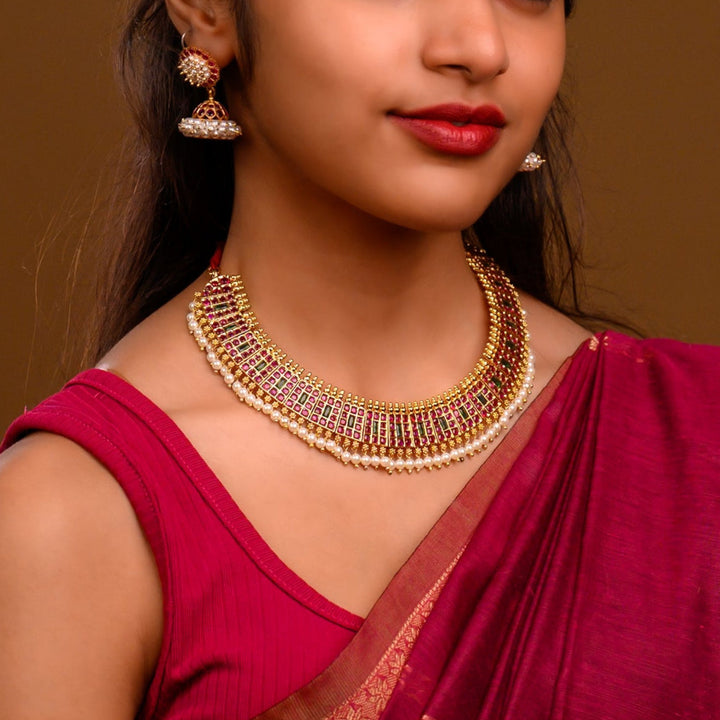 925 Silver Bharatanatyam Short Necklace with Pearl Drops (24ct Gold polish) - Temple festivals and traditional occasions