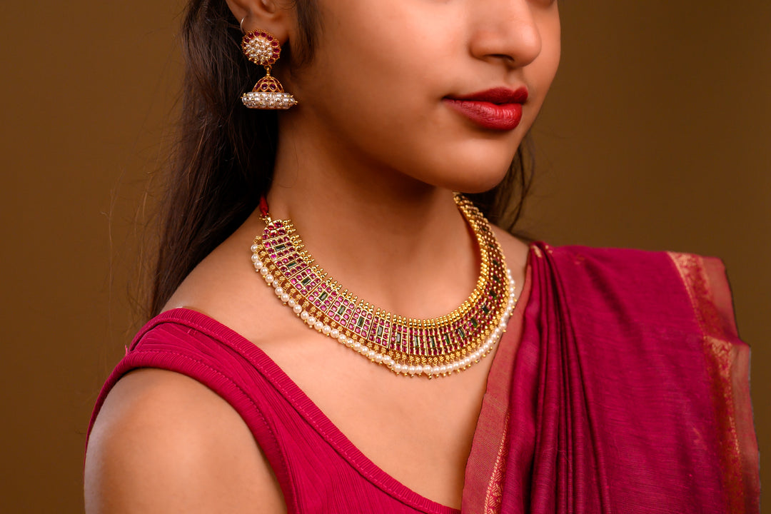 925 Silver Bharatanatyam Short Necklace with Pearl Drops (24ct Gold polish) - Temple festivals and traditional occasions