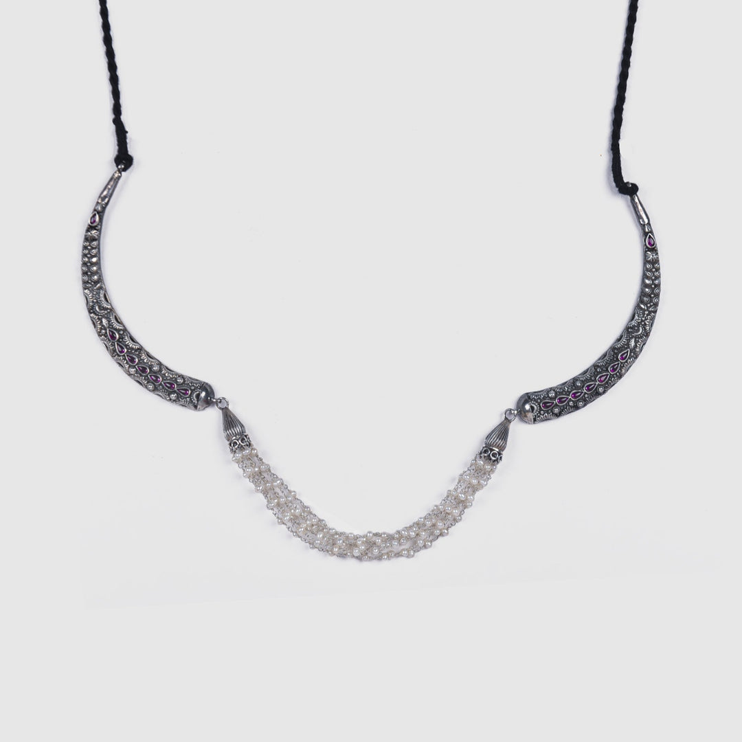 Sachi Necklace-925 silver-Oxidized silver-pearl chain-Any Outfit styling-Necklace-Earring