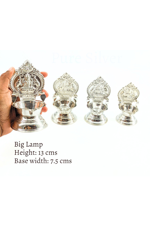 925 silver Kamakshi lamp/villakku height 10cm/11cm/12cm/13cms -pure silver gift items- return gift for navarathri, wedding & housewarming
