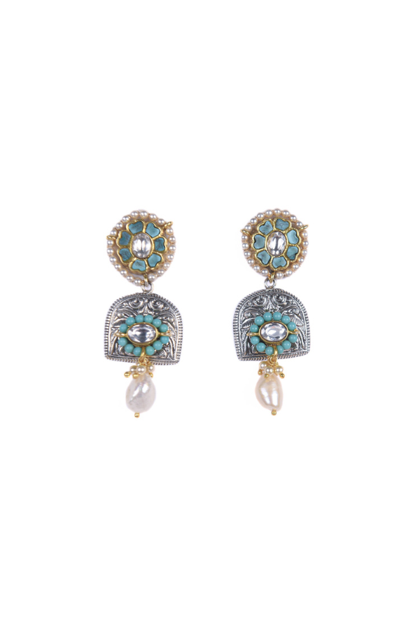 Pair of ornate earrings with turquoise stones and pearl drops