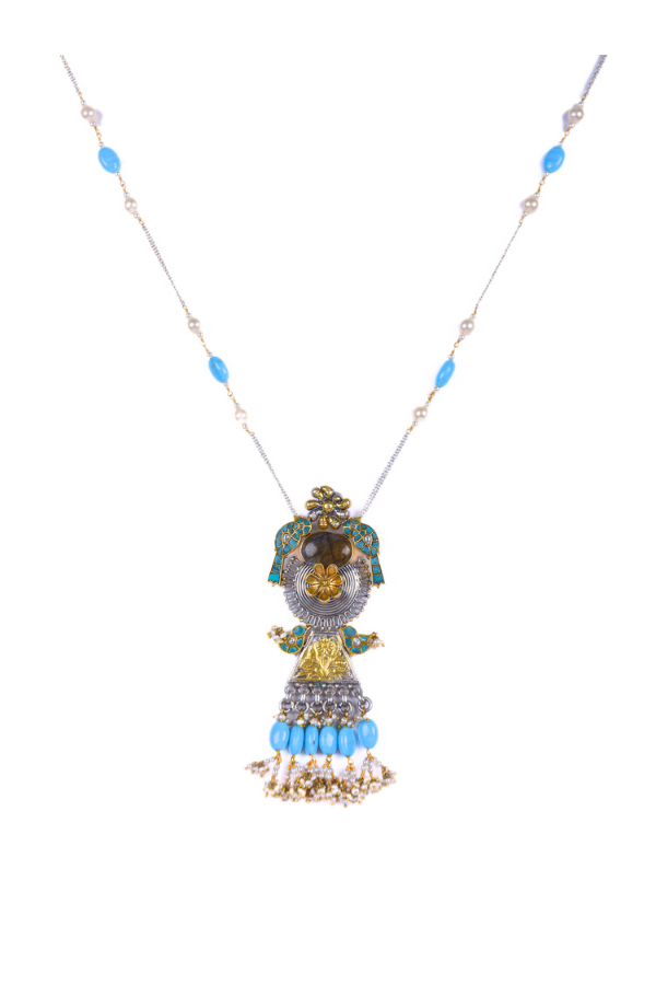 Decorative necklace with blue beads and a central pendant
