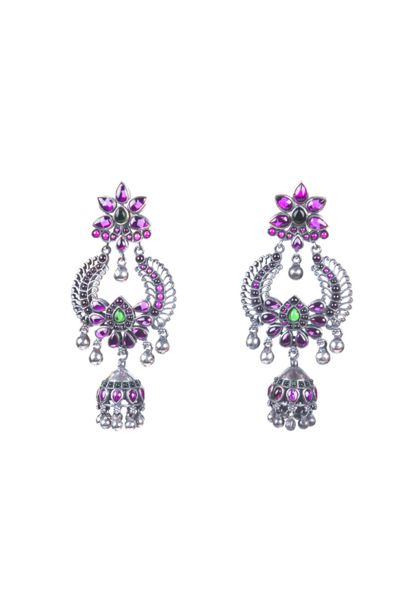 Pair of ornate earrings with ruby and green gemstones