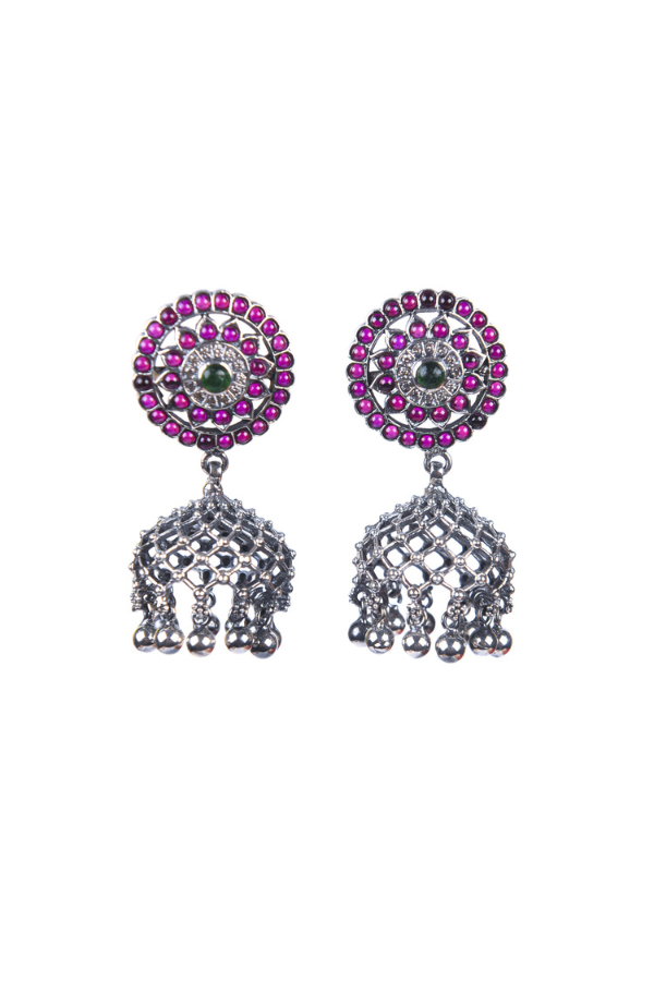 Pair of silver earrings with pink gemstones