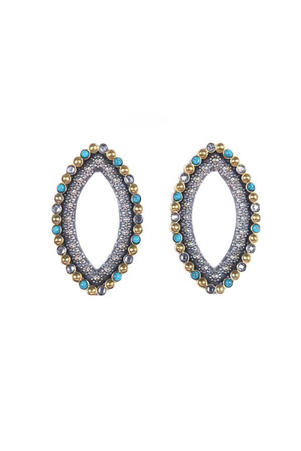 Pair of oval-shaped earrings with gold and blue beads