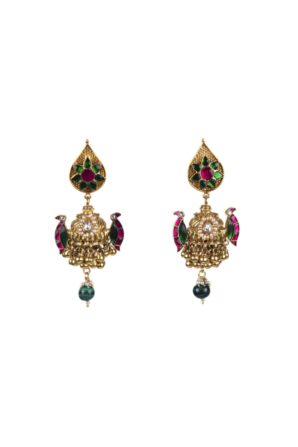 Pair of gold earrings with green and red gemstones