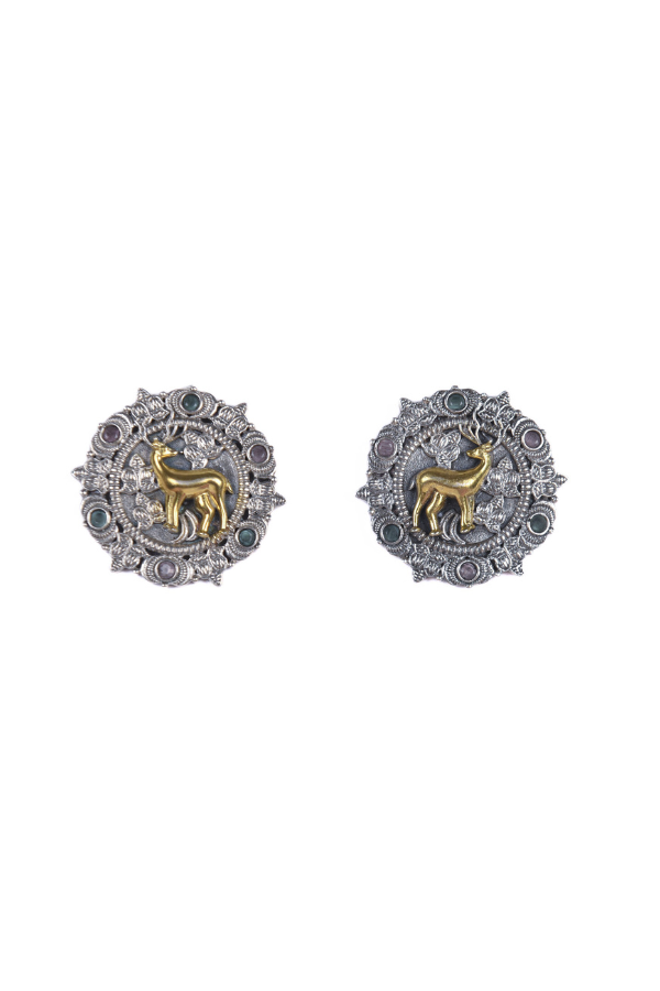 Pair of silver and gold earrings with deer design