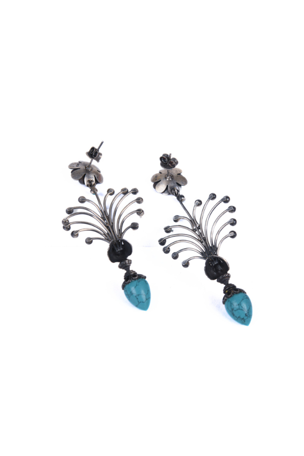 Pair of decorative earrings with floral designs and blue gemstones