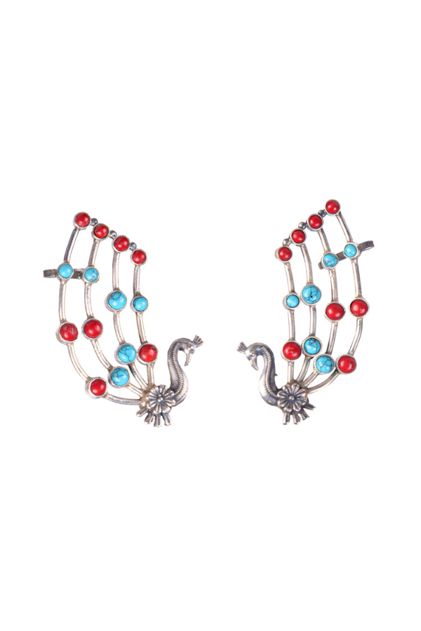 Pair of peacock-shaped earrings with red and blue gemstones 