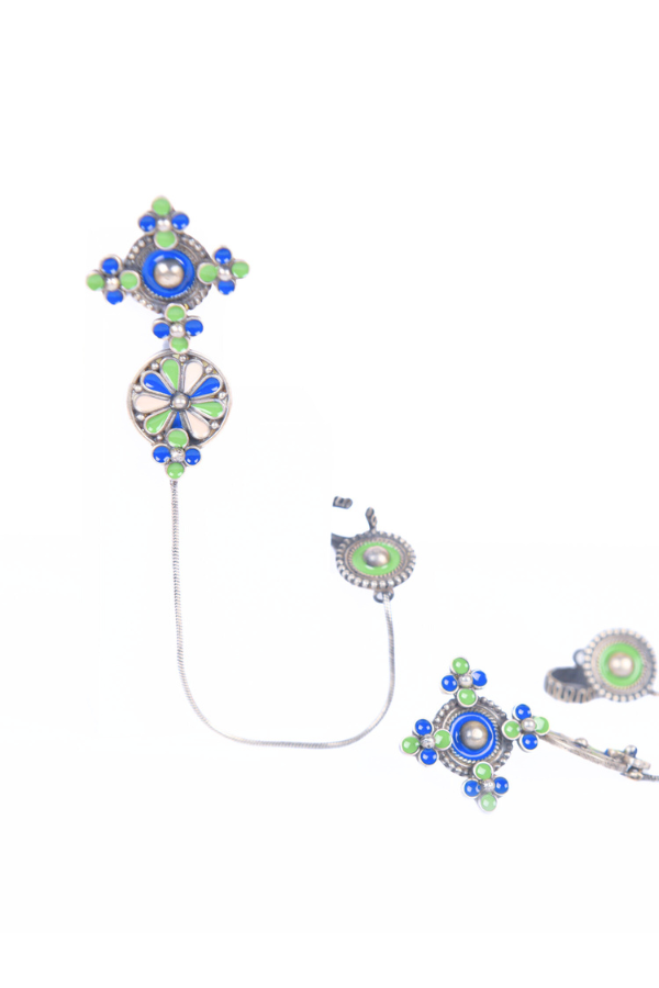 Vintage earring with blue and green floral design on a white background