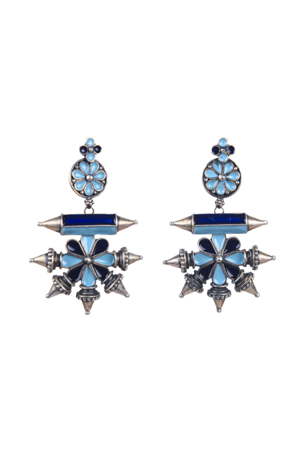Pair of decorative silver earrings with blue enamel