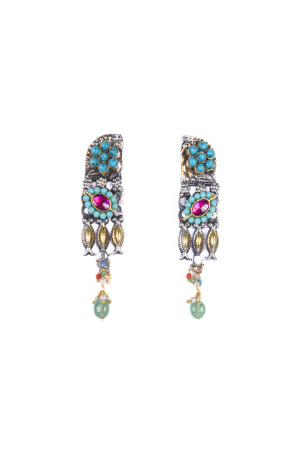 Pair of ornate earrings with colorful gemstones
