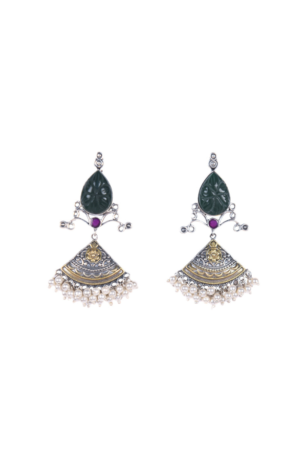 Pair of ornate earrings with green gemstones and pearl