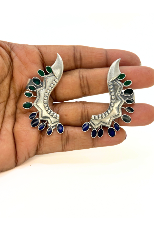 Blue & Green ear cuff - 925 silver oxidized