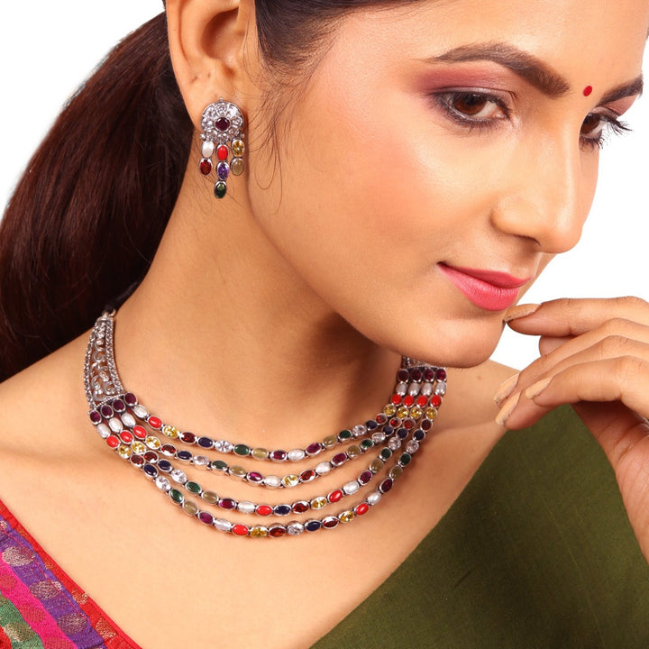 Ajitha Navarathna Necklace - 925 oxidized silver