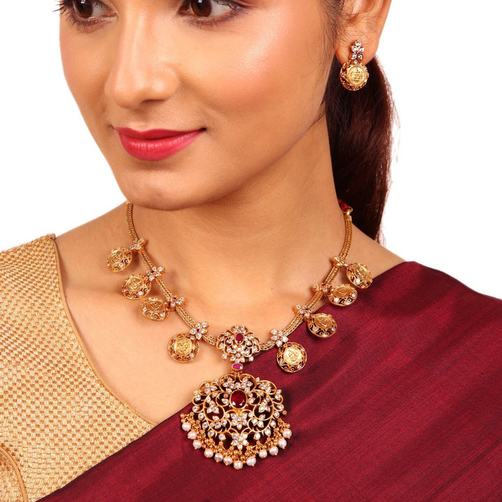 Anusuya Lakshmi Coin Necklace - 925 silver gold polish