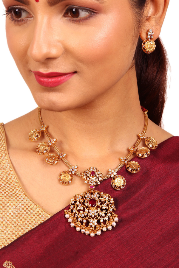 Anusuya Lakshmi Coin Necklace - 925 silver gold polish