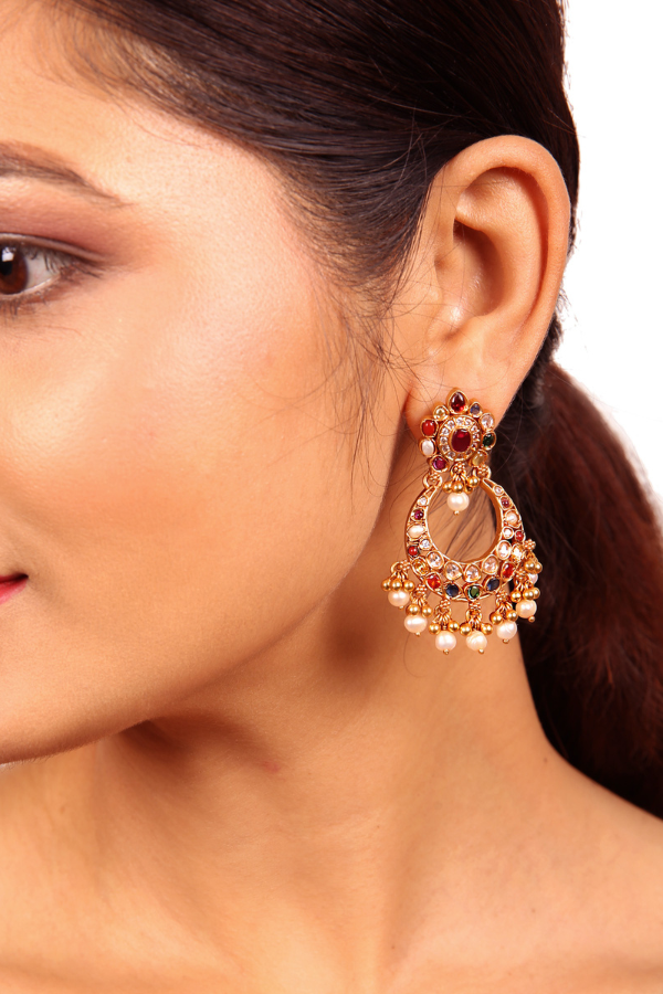 Anvi Navarathna Chaandbali Earring - 925 silver gold polish