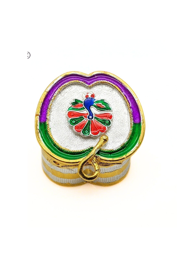 Apple peacock enamel kumkum box with 2 partition- pure silver gift items- pooja items for home,return gift for navarathri, &housewarming