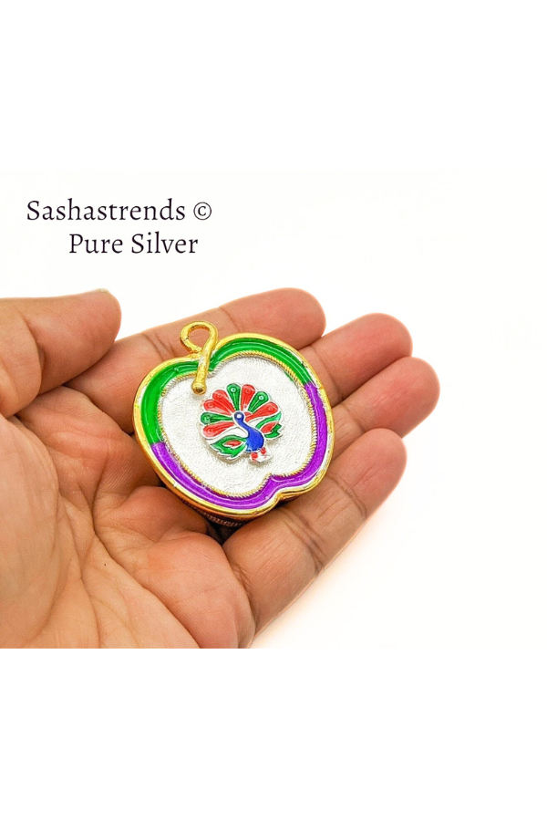 Apple peacock enamel kumkum box with 2 partition- pure silver gift items- pooja items for home,return gift for navarathri, &housewarming