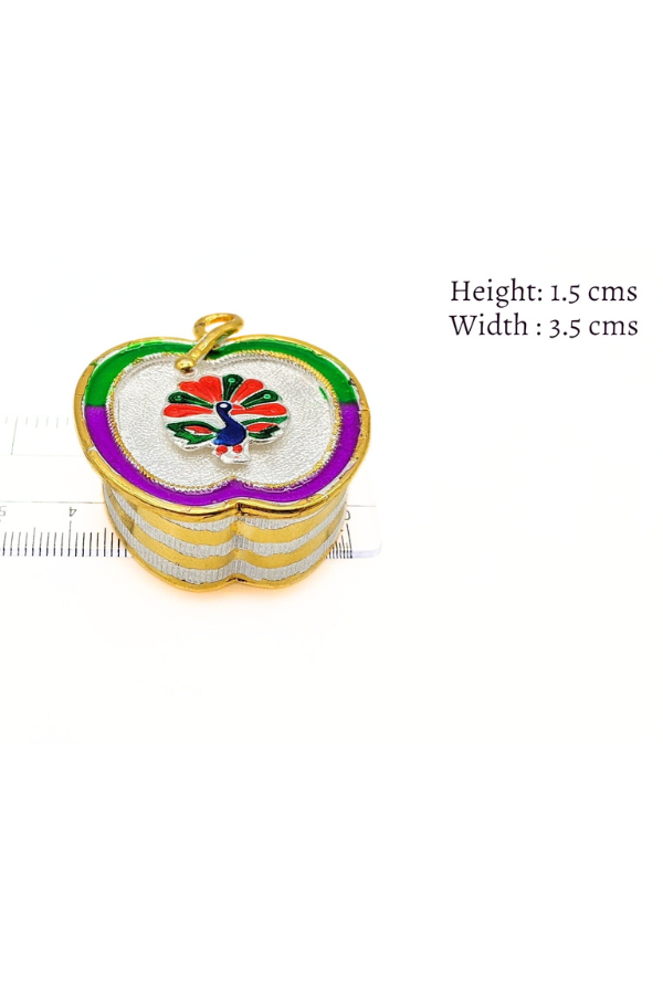 Apple peacock enamel kumkum box with 2 partition- pure silver gift items- pooja items for home,return gift for navarathri, &housewarming