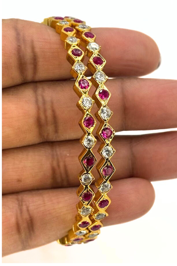 Silver Gold plated bangle with red and white stones 