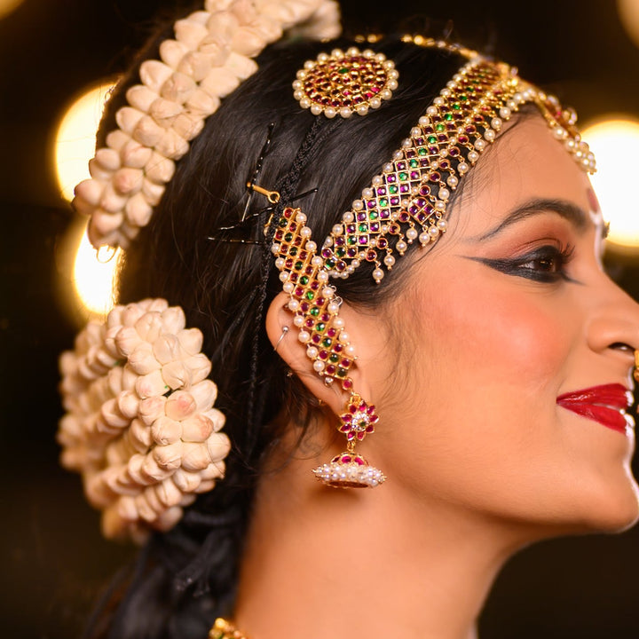 Bharatanatyam Jewelry - Mattal/Matilu - ear chain - 925 silver (24 ct Gold polish) - Bridal - South Indian jewelry
