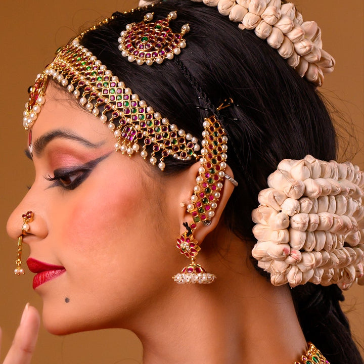 Bharatanatyam Jewelry - Mattal/Matilu - ear chain - 925 silver (24 ct Gold polish) - Bridal - South Indian jewelry