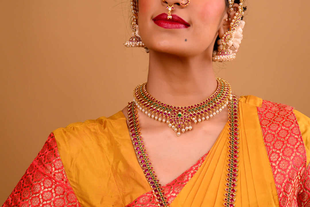 Bharatanatyam Short Necklace - 925 silver (24 ct Gold polish) dance jewelry