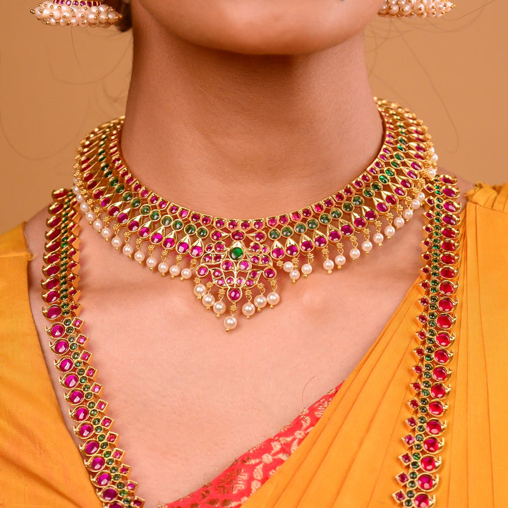 Bharatanatyam Short Necklace - 925 silver (24 ct Gold polish) dance jewelry
