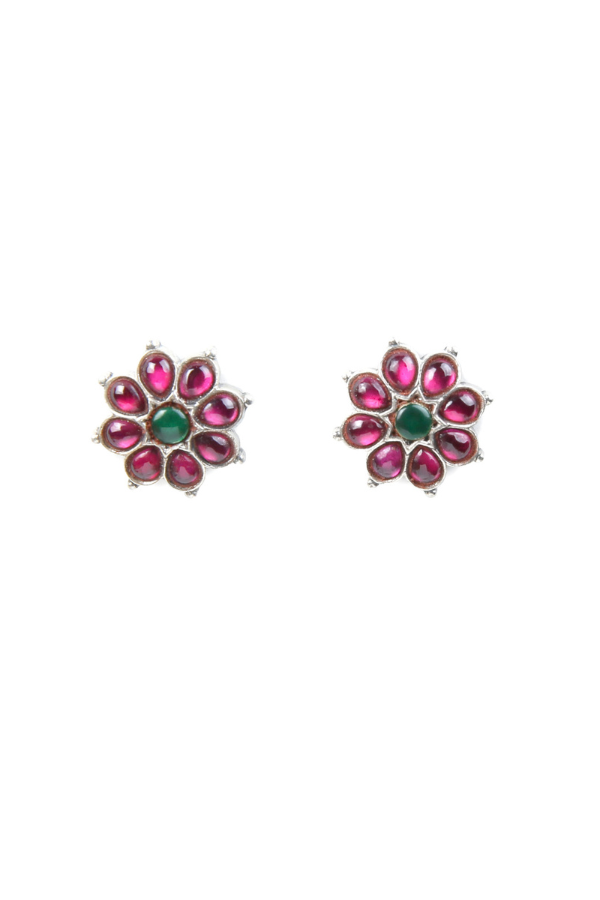 Pair of floral earrings with pink and green gemstones 