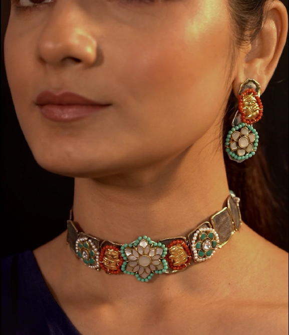Keya contemporary 925 silver dual-tone Choker set