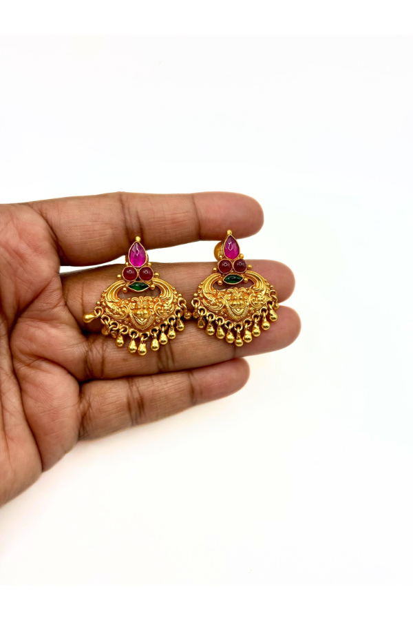 Gold earrings with pink and green stones