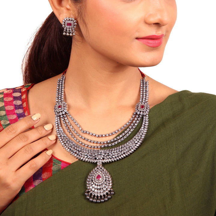 Ganga Necklace - 925 oxidized silver - Zircon jewelry
