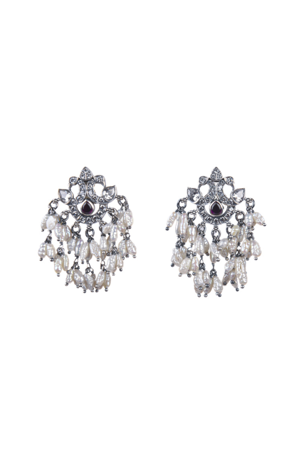 Pair of silver chandelier earrings with clear stones