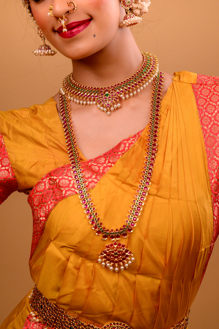Long haram mango necklace - 925 silver (24 ct Gold polish ) - Bharatanatyam necklace - Dance jewelry